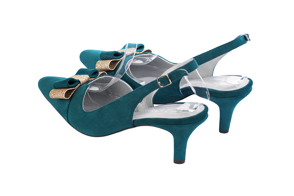 Peacock blue and gold women's open back shoes, with a knot. Tapered toe. Medium slim heel. Rear view - Florence KOOIJMAN
